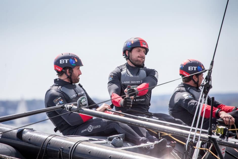 Land Rover BAR Training on the Solent. (L-R) Skipper - Ben Ainslie, Wing Trimmer - Paul Campbell-James, Trimmer - Nick Hutton (c) Harry KH/Land Rover BAR