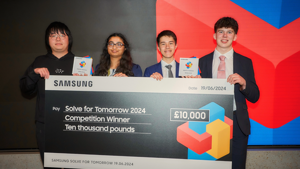 Samsung's Solve for Tomorrow winners: (left to right) Yu Gu, Anjali Benny Devadasan, Samuel Mo and Dexter Rigby