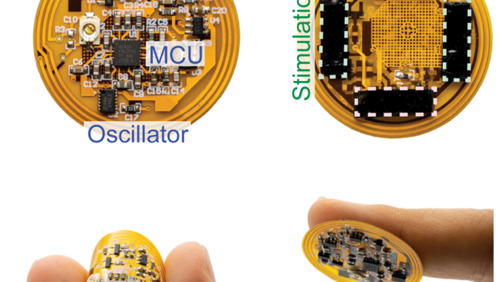 Photographs of the smart bandage showing the microcontroller unit (MCU), crystal oscillator, high-pass filter (HPF), stimulation and sensing electrodes, flexibility of the printed circuit board, adhesion of the hydrogel interface to skin, and thin layout of the board