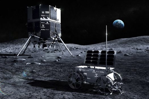 Computer-generated image of ispace’s RESILIENCE lander and micro rover on the lunar surface