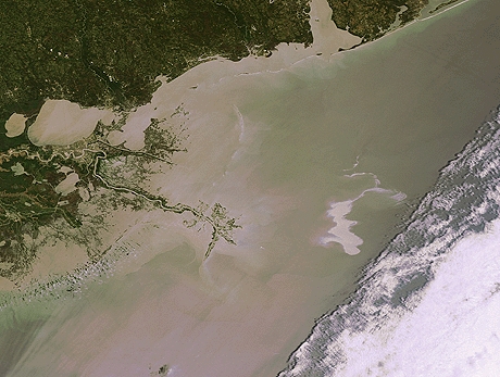 Envisat optical image of the oil spill (visible as a white whirl on the right) in the Gulf of Mexico. The image was acquired from the Medium Resolution Imaging Spectrometer (MERIS) on 25 April 2010 at 16:28 UTC. Credit: ESA