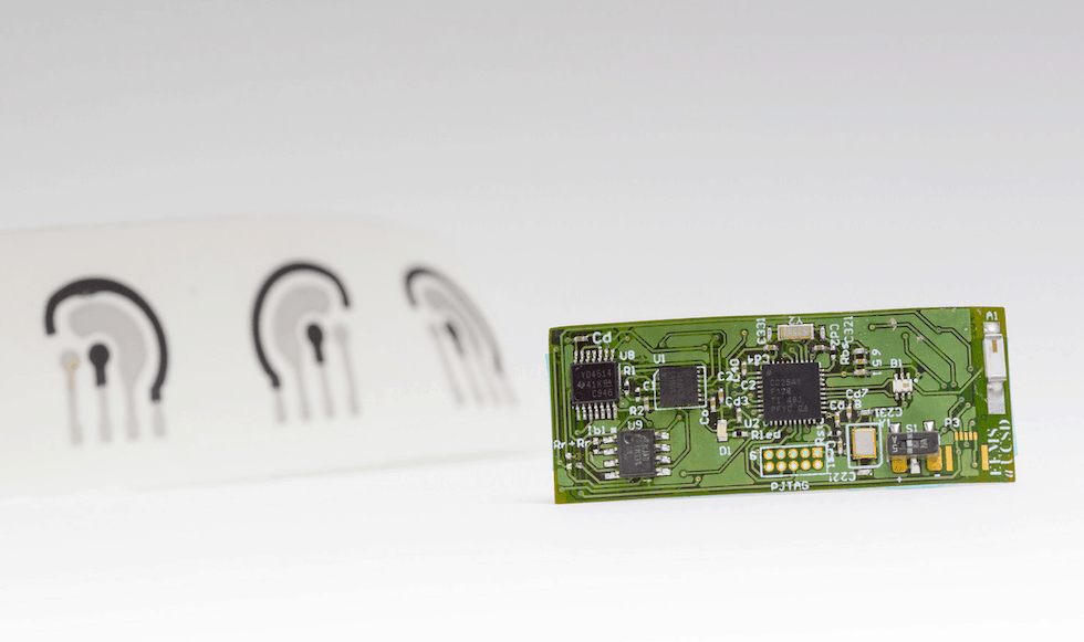 The alcohol sensor consists of a temporary tattoo (left) developed by the Wang lab and a flexible printed electronic circuit board (right) developed by the Mercier lab
