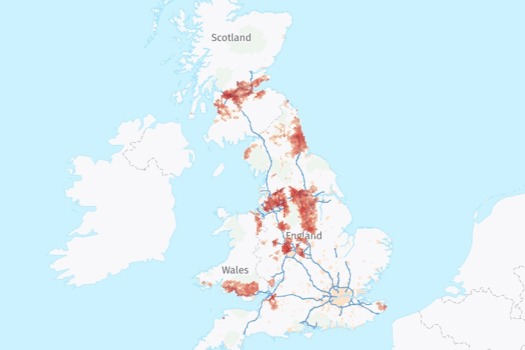 An extract from the interactive map viewer showing heating demand in Britain over recorded abandoned coal mine workings