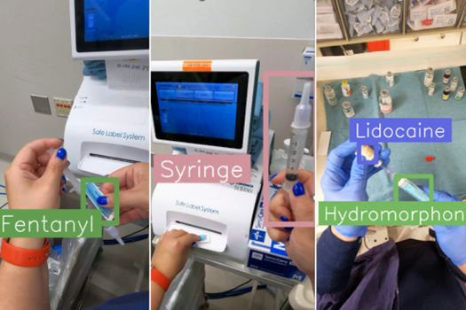 Still images from video snippets show how AI identifies in real-time what a clinician is holding