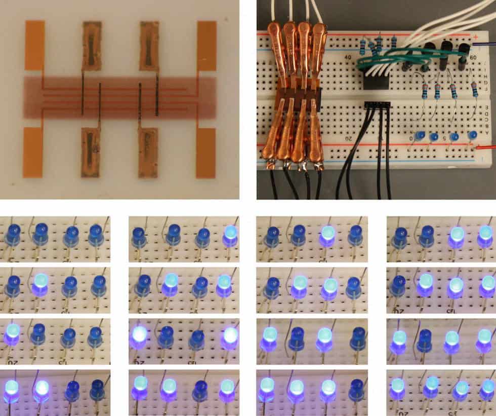 A new 'spray-on' digital memory (upper left) could be used to build programmable electronic devices on flexible materials 