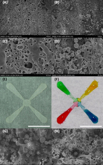Coloured water is used to show how liquid wicks along tiny channels formed in paper using a laser. Silica microparticles were deposited on patterned areas, allowing liquid to diffuse from one end of a channel to the other