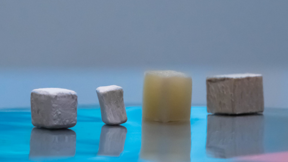 Wood pieces at different stages of modification, from natural (far right) to delignified (second from right) to dried, bleached and delignified (second from left) and MOF-infused functional wood (first on the left)