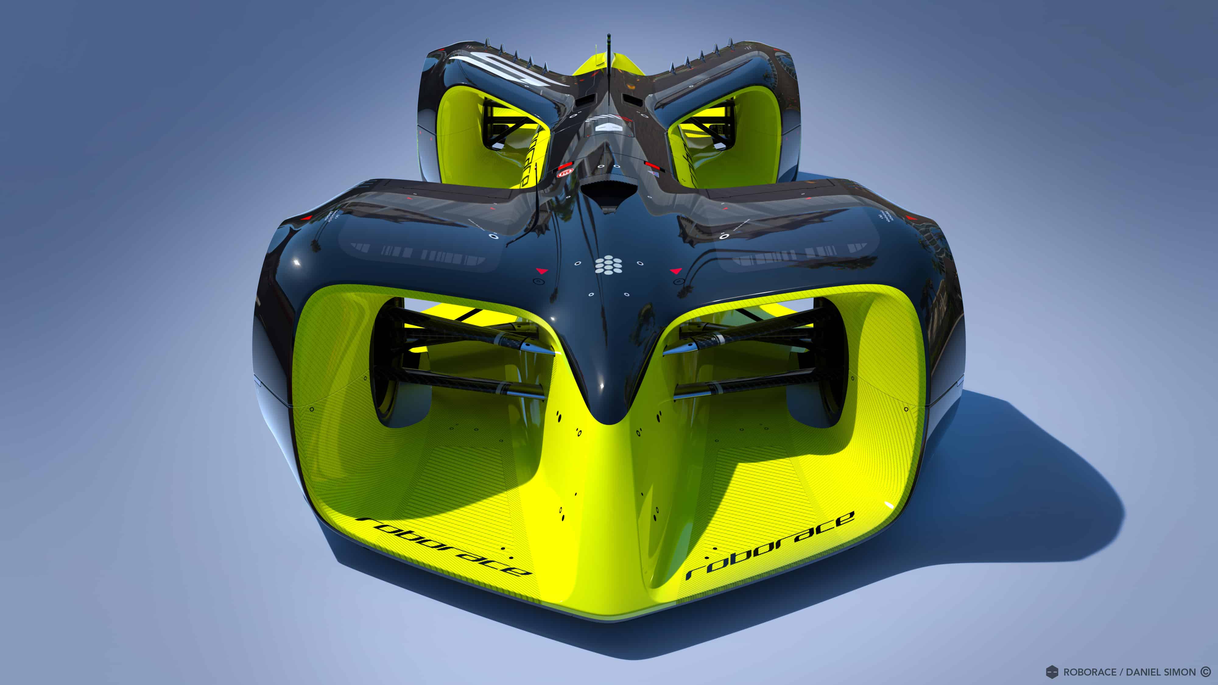 Not a view that any human driver will see in their rear-view mirror. Image by Chief Design Officer Daniel Simon / Roborace Ltd.