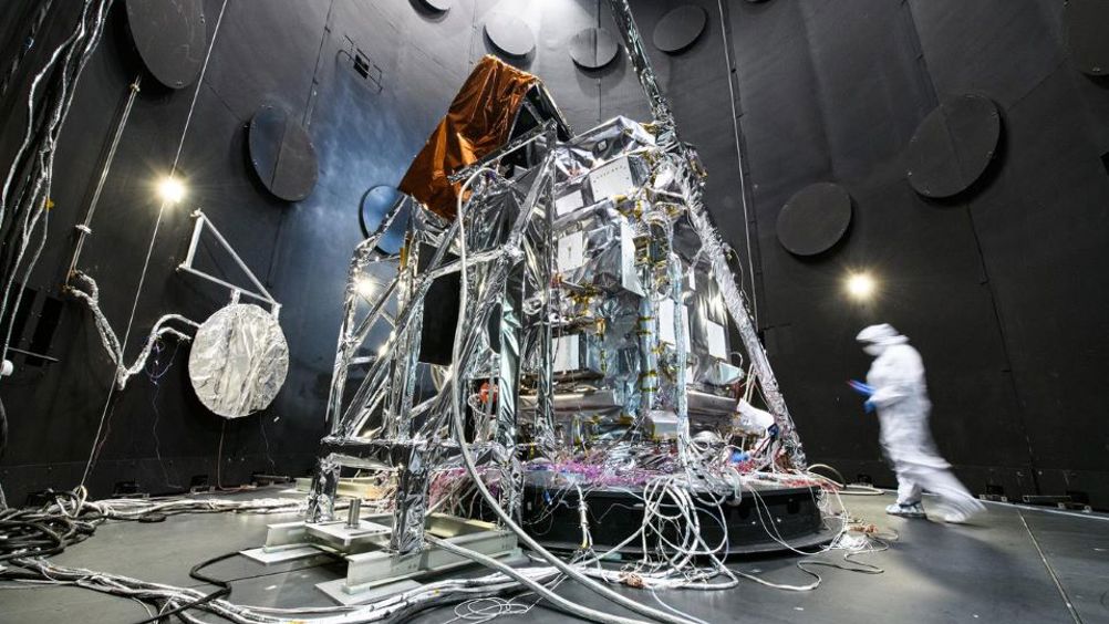 The Plankton, Aerosol, Cloud, ocean Ecosystem (PACE) Observatory inside the Space Environment Simulator (SES) thermal vacuuum chamber before thermal environmental testing at NASA's Goddard Space Flight Center in Greenbelt, Maryland on June 16th, 2023