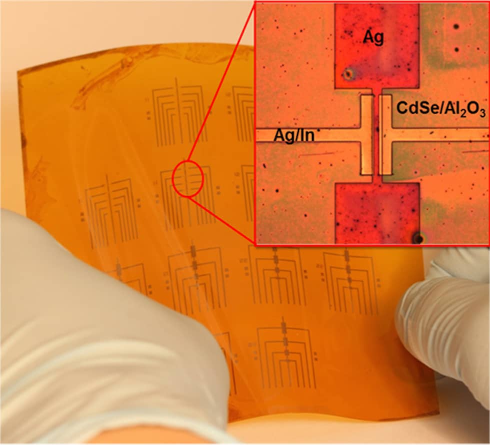 Because this process works at relatively low temperatures, many transistors can be made on a flexible backing at once (University of Pennsylvania)