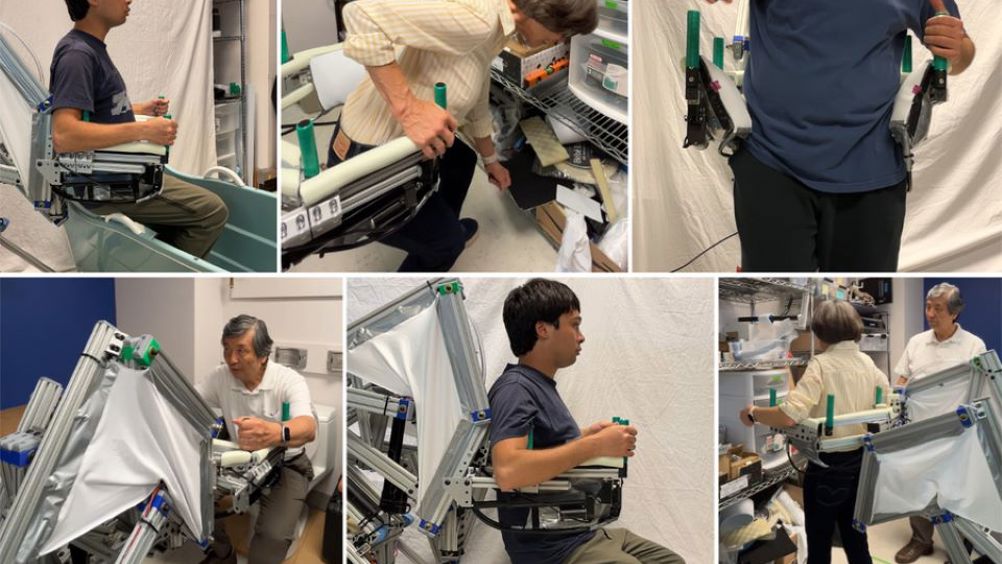 Six of multiple possible assistance scenarios with a prototype of a new robot being developed at MIT. Top row: getting into/out of a bathtub, bending down to reach objects, and catching a fall. Bottom row: powered sit-to-stand transition from a toilet, lifting a person from the floor, and walking assistance