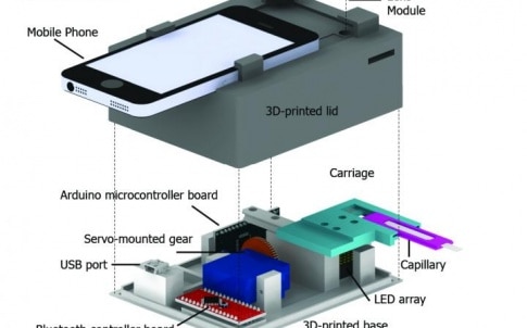This is a schematic of the CellScope Loa device, a mobile phone-based video microscope. The device includes a 3-D-printed case housing simple optics, circuitry and controllers to help process the sample of blood. CellScope Loa can quantify levels of the L