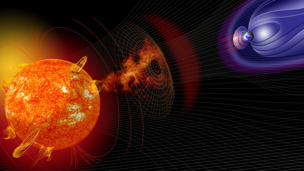 Illustration showing how events on the sun can impact the conditions in near-Earth space