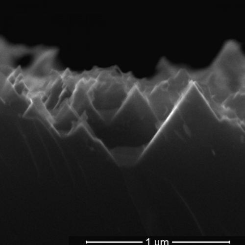 An electron microscope image from earlier research shows the nanoscale spikes that make up the surface of black silicon used in solar cells