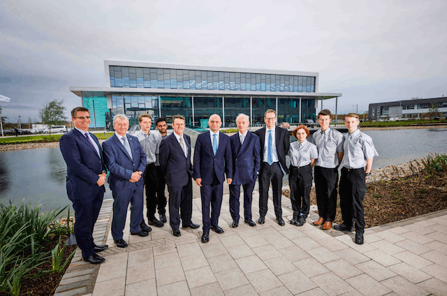 L-R: James Walton Director, Lloyds Manufacturing mid markets, Terry Morgan (chairman MTC) apprentices: John Hubbbard , Jugjeevan Singh,  Clive Hickman (CEO MTC) business secretary Sajid Javid, Lord Blackwell, chairman of Lloyds Banking Group, Tim Hinton, 