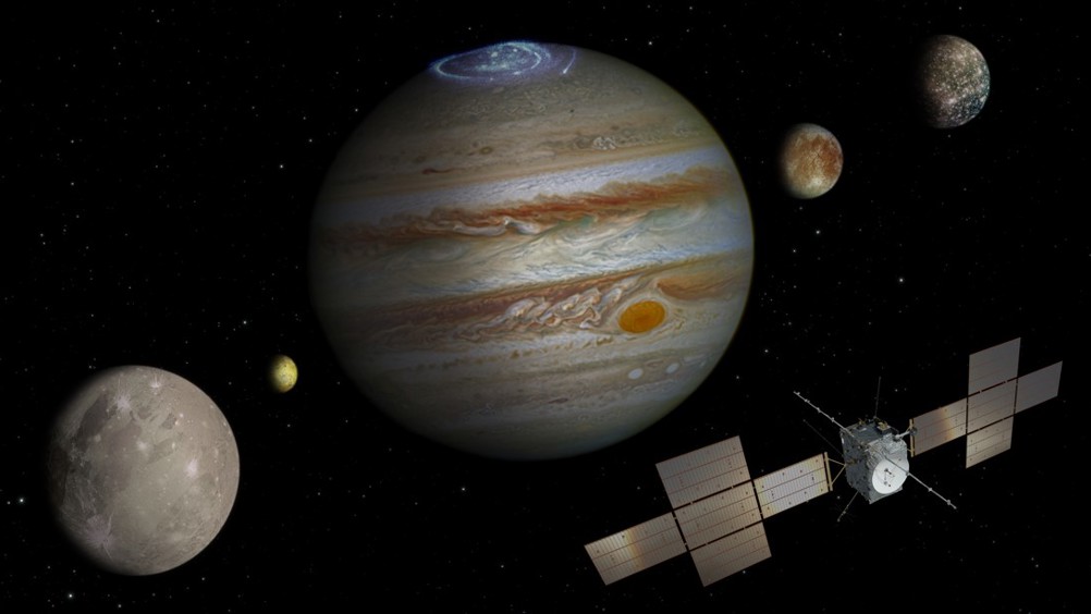 spacecraft: ESA/ATG medialab; Jupiter: NASA/ESA/J. Nichols (University of Leicester); Ganymede: NASA/JPL;  Io: NASA/JPL/University of Arizona; Callisto and Europa: NASA/JPL/DLR