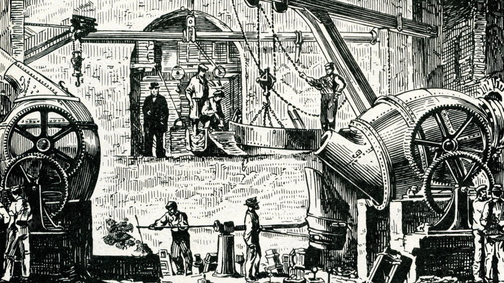 A drawing of two Bessemer Convertors in action