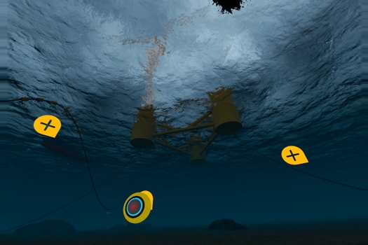 Capture from FLOWIC's VR suite showing a subsea view of a floating wind turbine