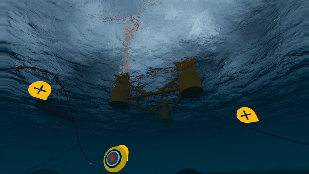 Capture from FLOWIC's VR suite showing a subsea view of a floating wind turbine