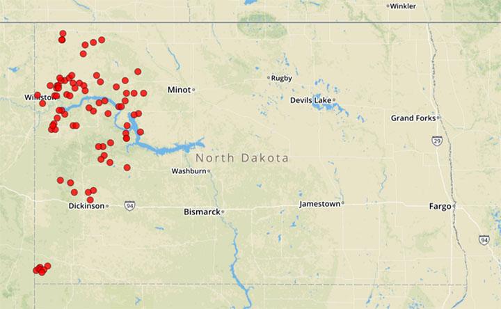 Over 5,000 gallons of spillages from pipeline leaks at North Dakota over 10-years (credit: Science for Nature and People Partnership)