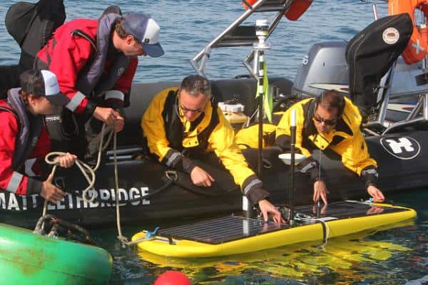 Waveglider receiving last minutes checks before being deployed