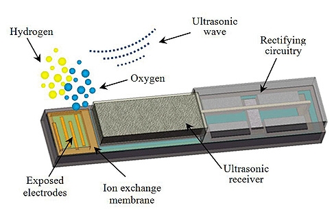 This diagram shows the design of a miniature device that can be implanted in tumors to generate oxygen, boosting the killing power of radiation and chemotherapy. (Birck Nanotechnology Center, Purdue University)