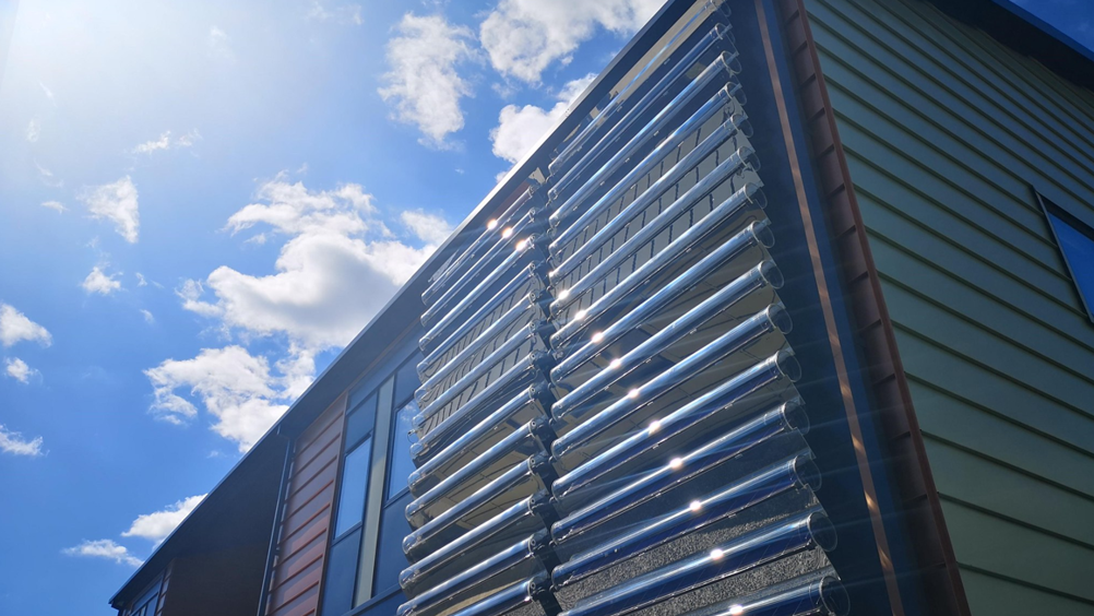 Solar energy tubes on the side of the Active Buildings at Swansea University