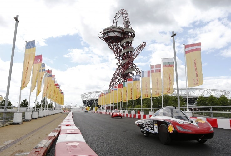 The H2.Zero , #612, a hydrogen UrbanConcept racing for team Green Team Twente from University Of Twente, Enschede, Netherlands on the track during Make the Future London 2016 at the Queen Elizabeth Olympic Park, Sunday, July 3, 2016 in London, UK. Today marks the conclusion of the very first Drivers' World Championships, as a head to head race against the 2016 UrbanConcept winners from North America, Asia and Europe to find the quickest and most energy-efficient driver. (Chris Ison for Shell)