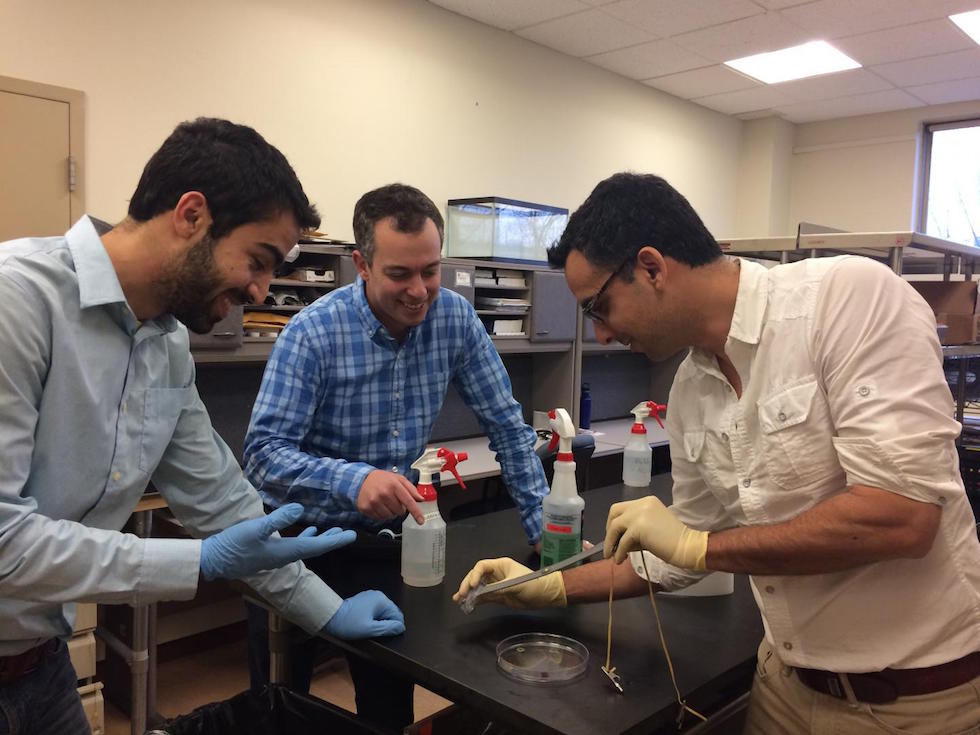 Navid Kazem (left), Malen (centre), and Majidi (right) demonstrate the elasticity of 'thubber’
