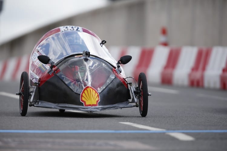 The HUGO, #332, a battery electric prototype racing for team DE MFK TEAM from University of Debrecen, Debrecen, Hungary on the track during Make the Future London 2016 at the Queen Elizabeth Olympic Park, Sunday, July 3, 2016 in London, UK. (Chris Ison for Shell)