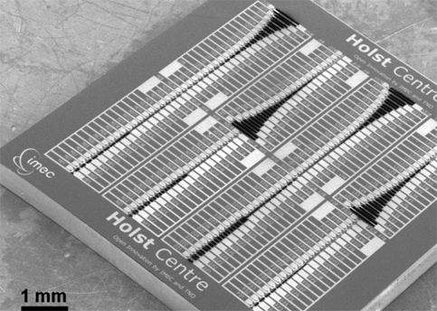 Scanning electron microscope image of a complete sensor chip (9mm x 9mm) consisting of 160 unique individually addressable micromechanical resonators