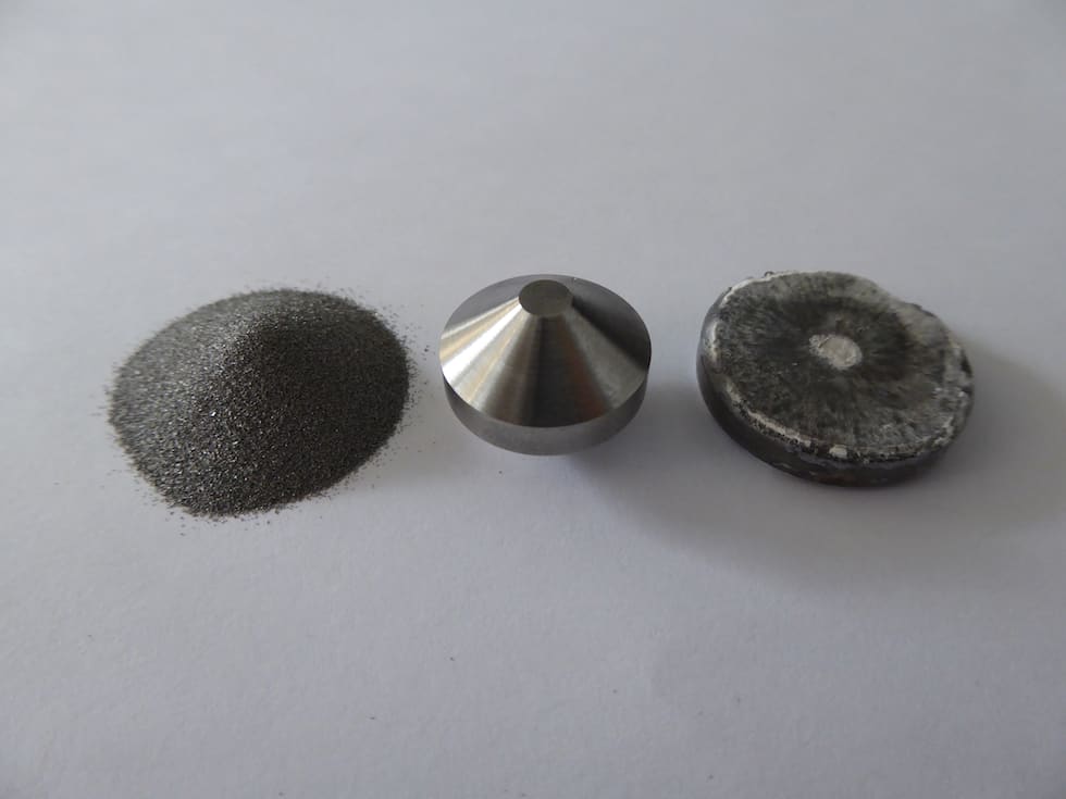 Left to right: Titanium powder obtained from rutile sand, Field Assist Sintered double cone preform, then pancake forging