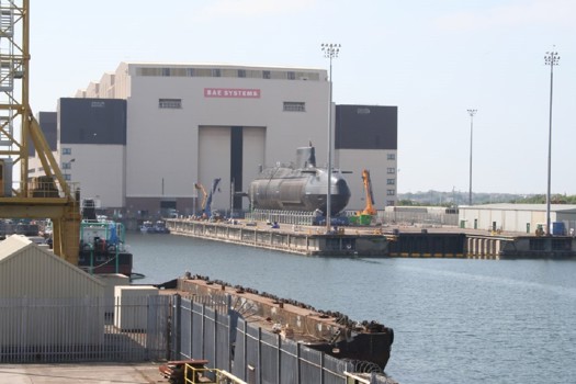 An Astute Class submarine leaving the Devonshire Dock Hall at BAE's Barrow site