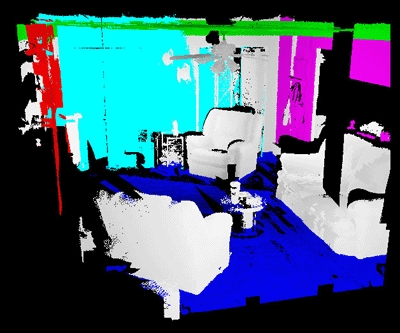 When inside the structure, the robot takes multiple scans using LIDAR that takes up to 500,000 point measurements per second. In this 3D map the floor is identified by blue, the ceiling by green and the vertical walls by red, cyan and magenta.