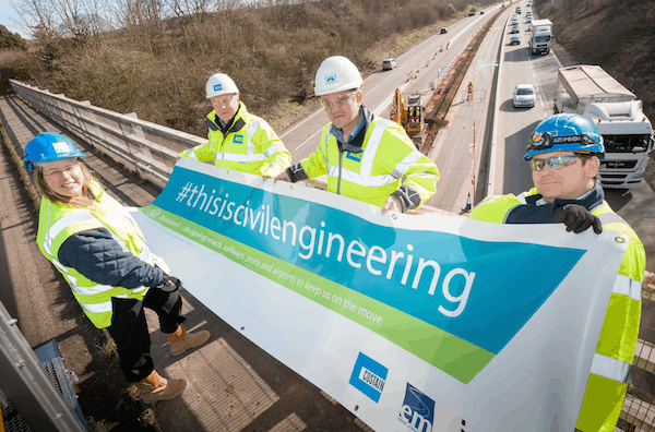 Banner launch on M54 over-bridge near Shifnal, Telford left to right: Mark Blackburn , General Foreman – Costain, Andy Wilson, Stakeholder Liaison Manager - EM Highways, Tony Lewis, Project Manager – Costain, Yvonne Aust , Chair - ICE Shropshire Branch
