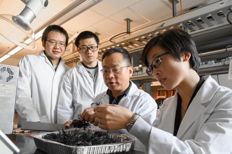 Prof Jinwen Zhang with his carbon fiber recycling research team (credit: WSU) 