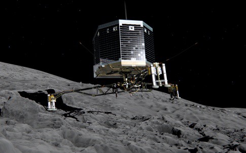 Still image from animation of Philae separating from Rosetta and descending to the surface of comet 67P/Churyumov-Gerasimenko.