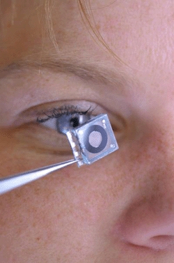 The iris component of the new imaging system, next to its human counterpart. The lens component is not pictured