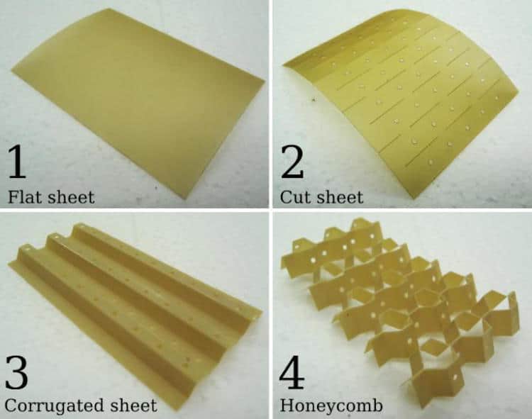 This image shows an open honeycomb at each stage during the manufacturing process [Image: Bristol University]
