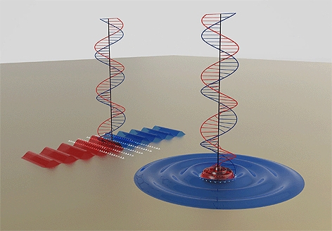 Circularly polarized light with waves that wind in opposite directions gets split by both devices, with its waves routed in opposite directions. For a ring-shaped coupler, this means that plasmons are channelled either toward or away from the centre of th