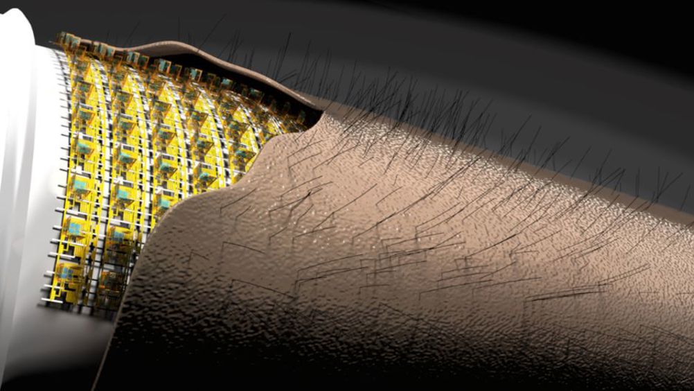 Highly integrated flexible microelectronic 3D sensorics perceive movement of fine hairs on artificial skin