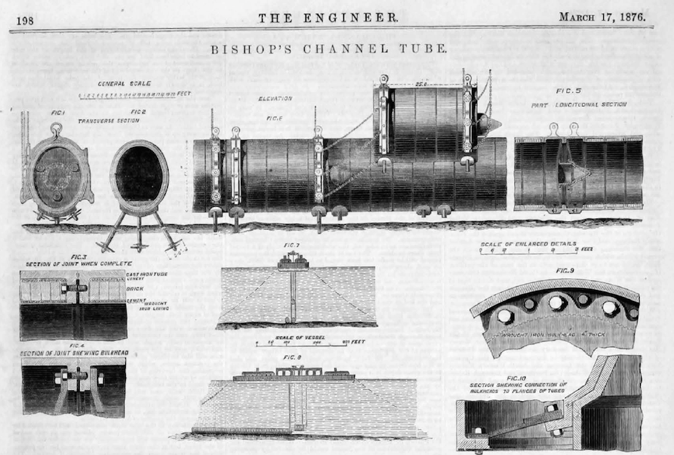 The Bishop's Channel Tunnel Tube, made from cast-iron sections lined with bricks and cement, was designed to sit on the seabed's surface